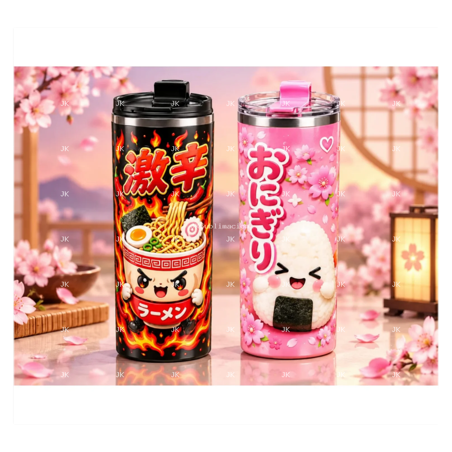 Dos imágenes digitales de ramen y onigiri kawaii para termo de 30 oz — JK