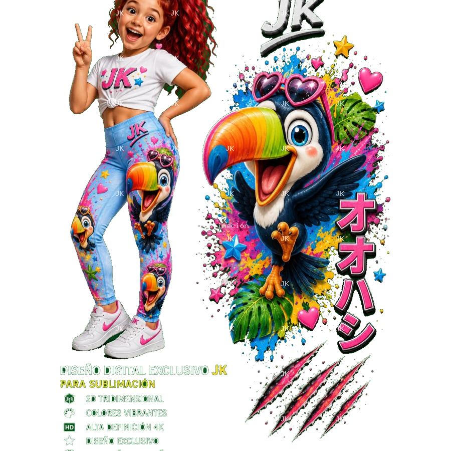 Diseño Digital JK Tucán Tropical 3D para Pantalón de Niña