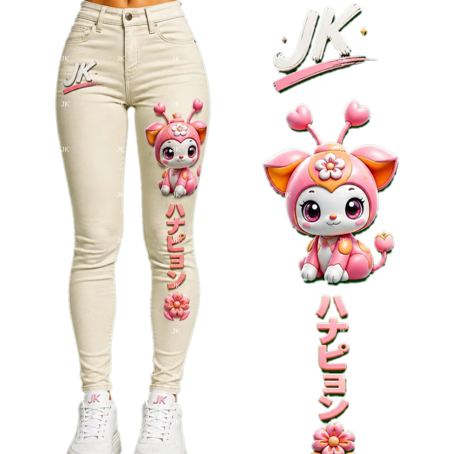 Diseño Digital JK Criatura Kawaii Rosa con Corazones para Pantalón de Mujer