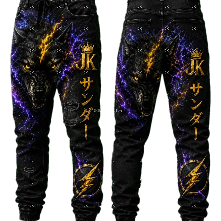 Diseño Digital Premium Lobo Eléctrico JK para Pantalón de Hombre