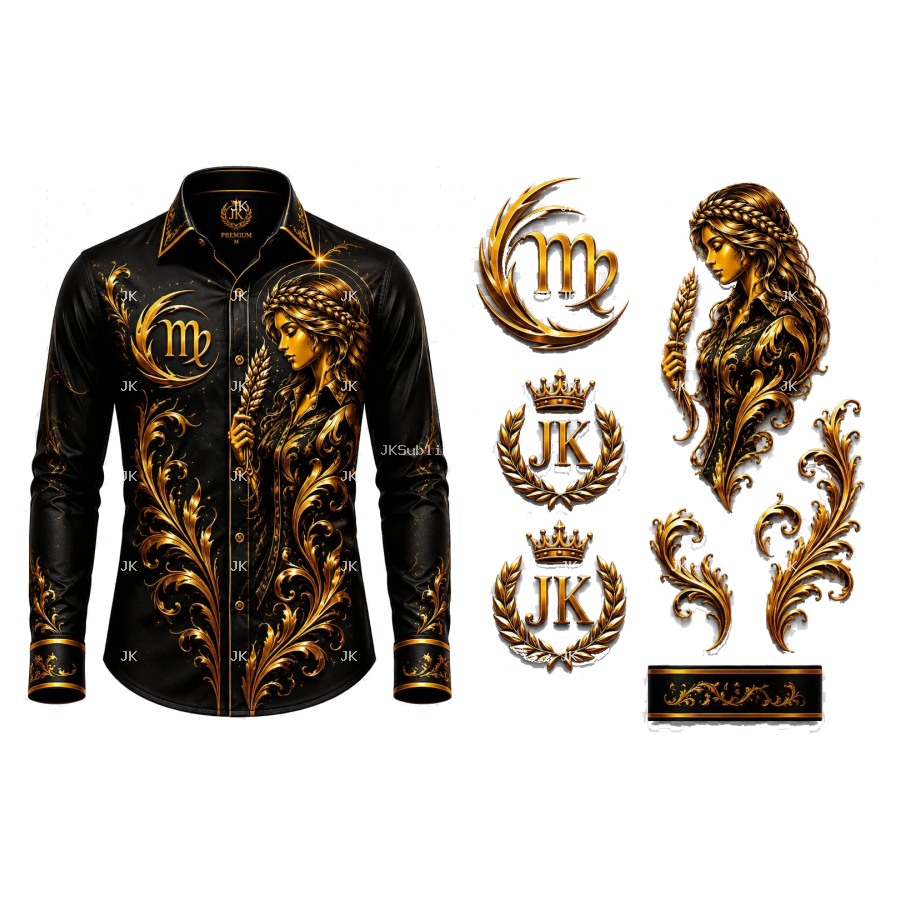Diseño Digital JK Virgo Dorado Elegante – para Camisa de Hombre