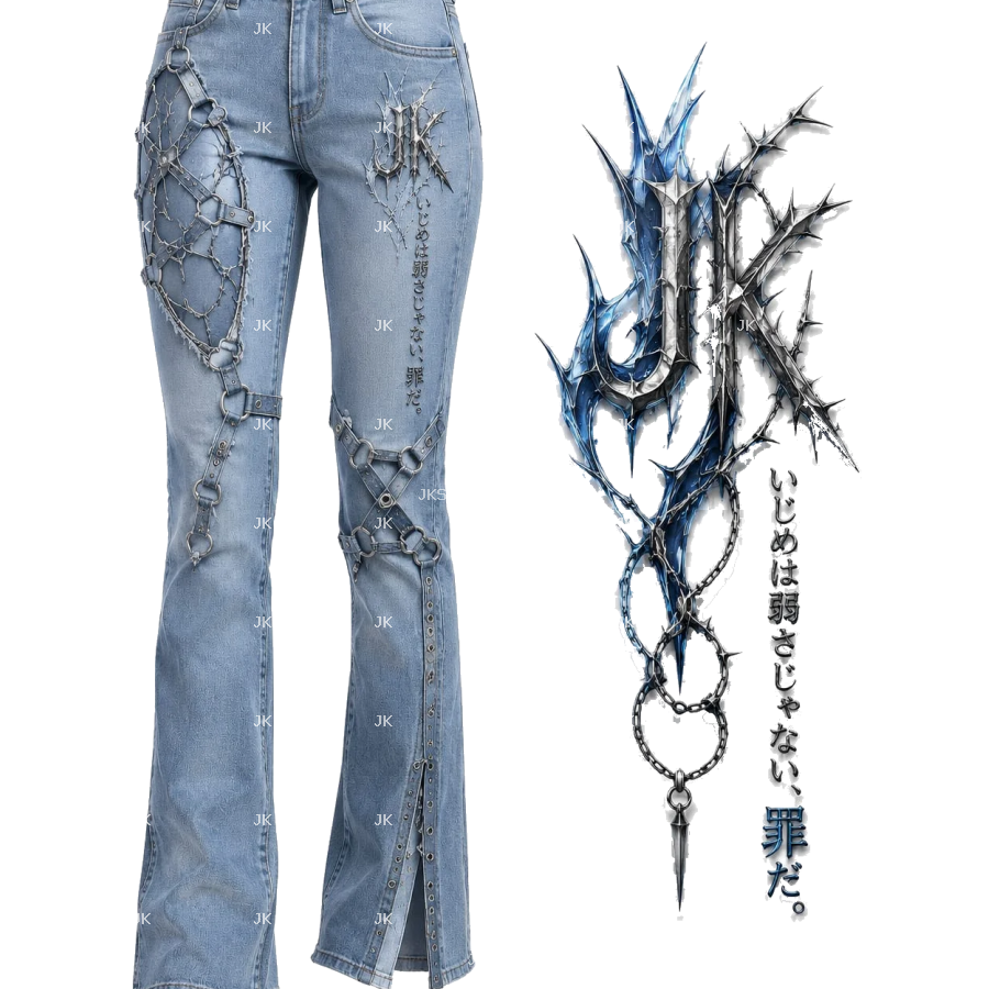 Diseño Digital JK Tribal Azul con Cadena y Detalles Metálicos para Pantalón de Mujer – Sublimación y DTF