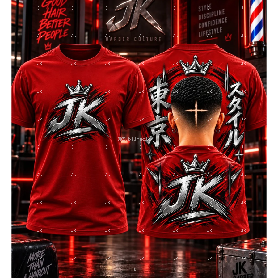 Diseño digital original JK para camisa de hombre — Corte degradado con cruz y estilo Barber