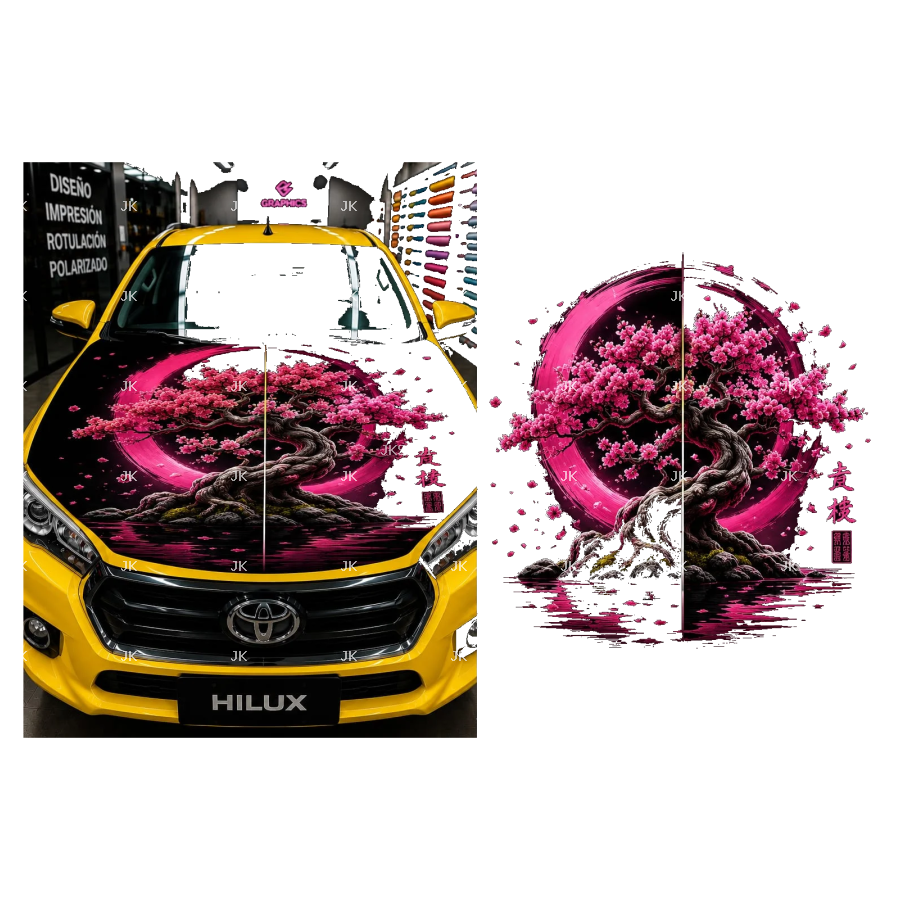 Diseño Digital Árbol Japonés con Luna Rosa para Tapa Delantera de Carro – JK
