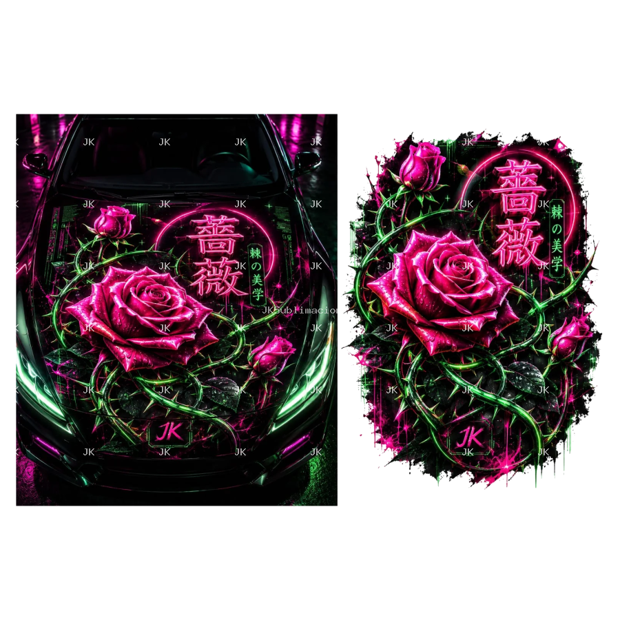 Diseño Digital Rosas JK para Tapa Delantera de Carro – Personalización