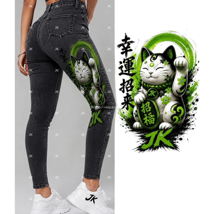 Diseño Digital JK Gato Japonés de la Suerte para Pantalón de Mujer