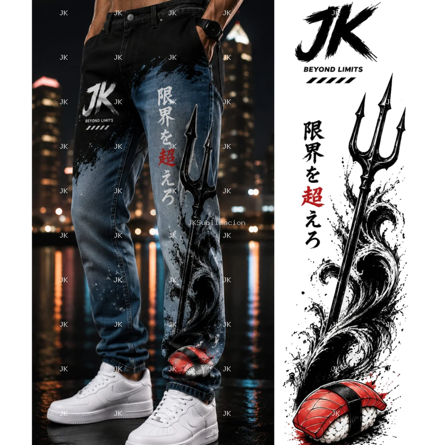 Diseño Digital JK Tridente Japonés y Sushi – para Pantalón de Hombre