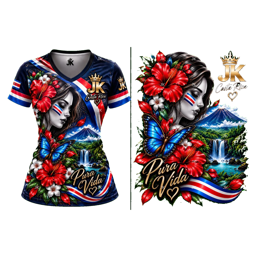 Diseño digital Pura Vida Costa Rica con mujer, flores, mariposas y naturaleza — JK