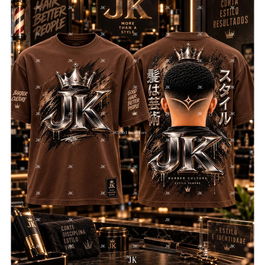 Diseño digital original JK Barber Shop para camisa de hombre — Corte degradado con diseño en la nuca