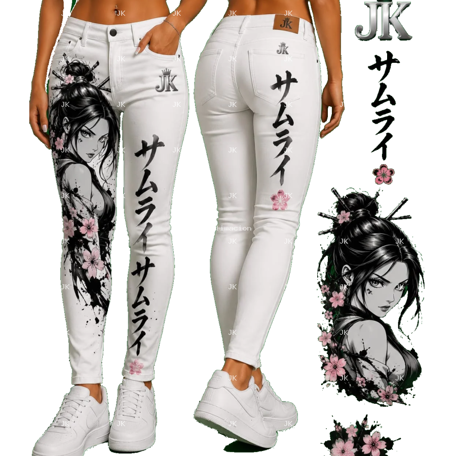 Diseño Digital JK de Mujer Japonesa con Flores de Cerezo para Pantalón de Mujer – Sublimación y DTF