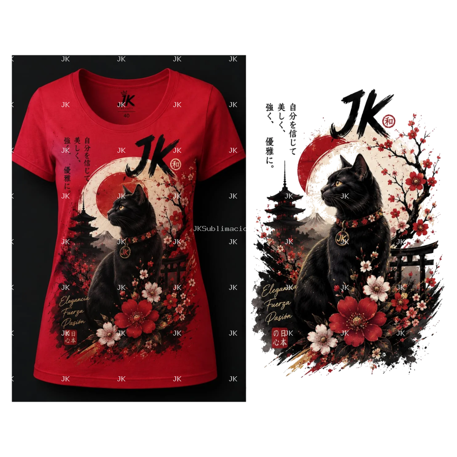 Diseño Digital JK Gato Negro Japonés con Flores para Camisa de Mujer