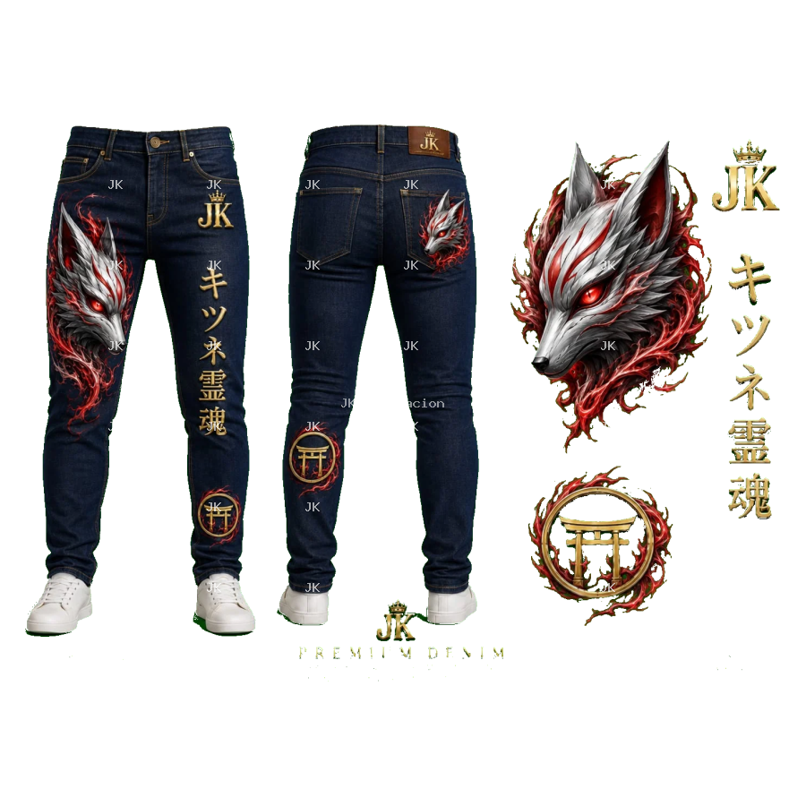 Diseño Digital Premium Kitsune de Fuego JK para Pantalón de Hombre