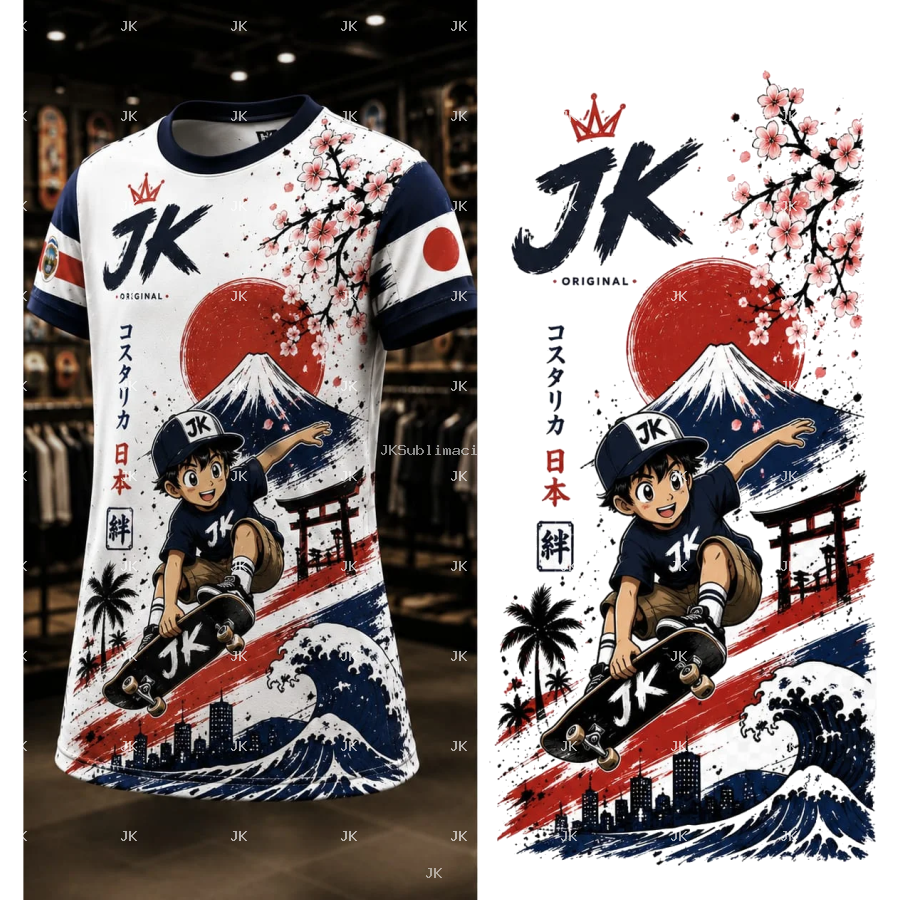 Diseño Digital JK Skater Japonés con Monte Fuji – para Camisa de Hombre