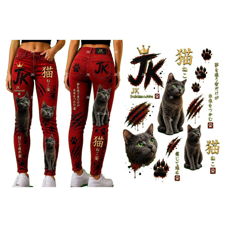 Diseño Digital JK de Gatos con Huellas, Rasguños y Letras Japonesas para Pantalón de Mujer – Sublimación y DTF