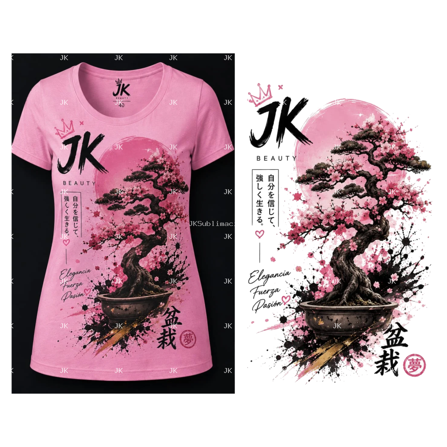 Diseño Digital JK Bonsái Japonés con Flores Rosadas para Camisa de Mujer