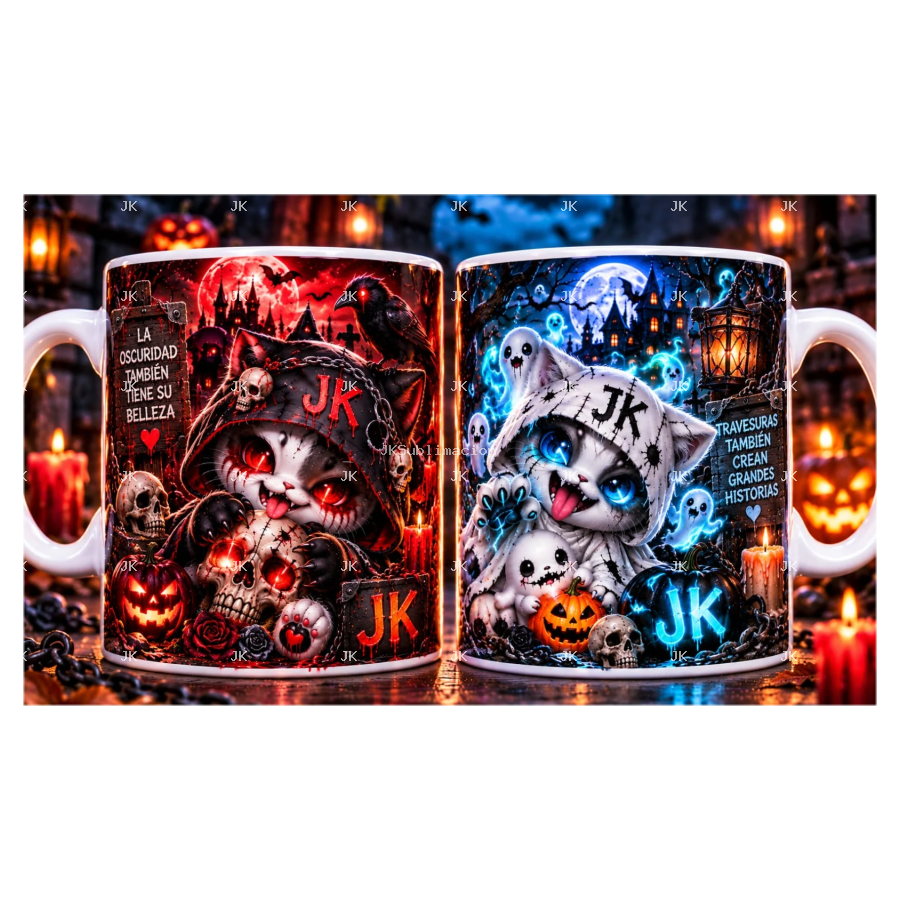 Pack de 2 Diseños Digitales JK Halloween para Taza 11 oz – Gatos, Fantasmas y Calabazas – 2460 × 1110 px – 300 DPI