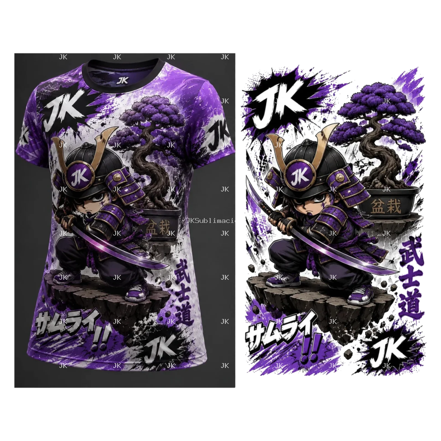 Diseño Digital 3D JK Samurai Morado con Katana para Camisa de Niño