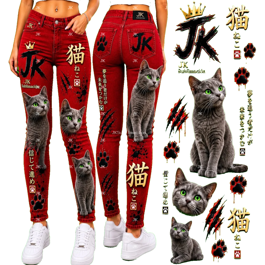 Diseño Digital JK de Gatos con Huellas, Rasguños y Letras Japonesas para Pantalón de Mujer – Sublimación y DTF