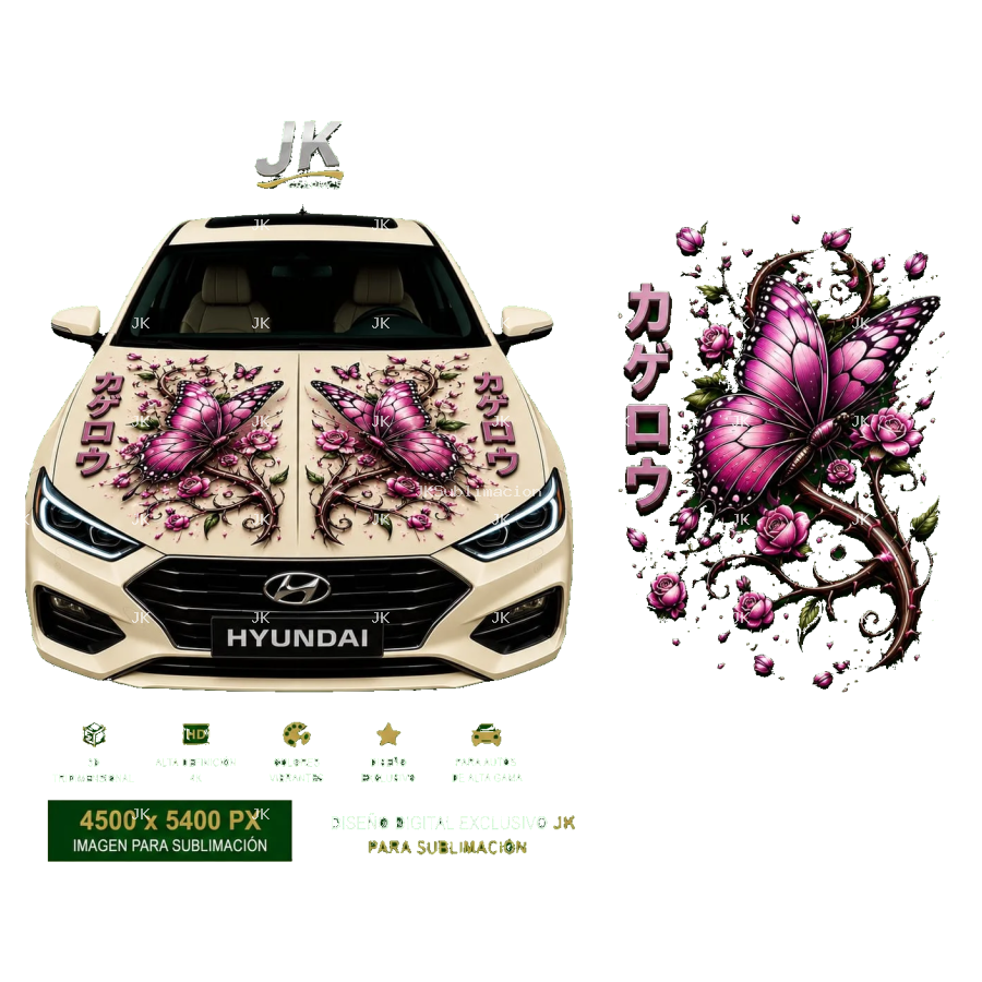 Diseño Digital JK para Tapa de Carro – Mariposas Rosadas y Flores Estilo Japonés