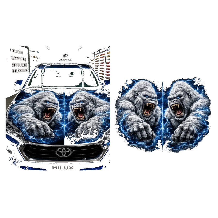 Diseño Digital Doble Gorila Blanco con Energía Azul para Tapa Delantera de Carro – JK