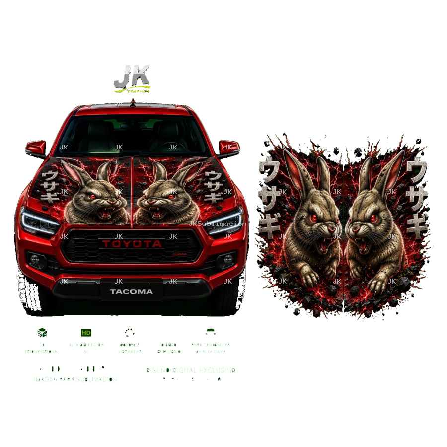 Diseño Digital JK para Tapa de Carro – Conejos con Fuego Estilo Japonés