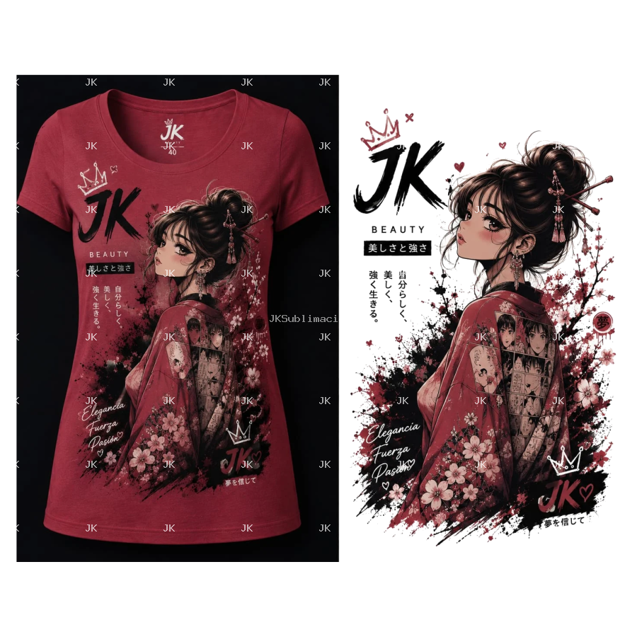 Diseño Digital JK Mujer Japonesa con Flores para Camisa de Mujer