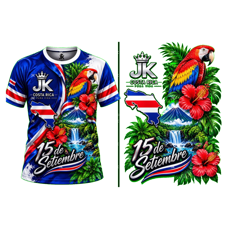 Diseño digital 15 de Septiembre Costa Rica con guacamaya, flores y naturaleza para camisa — JK
