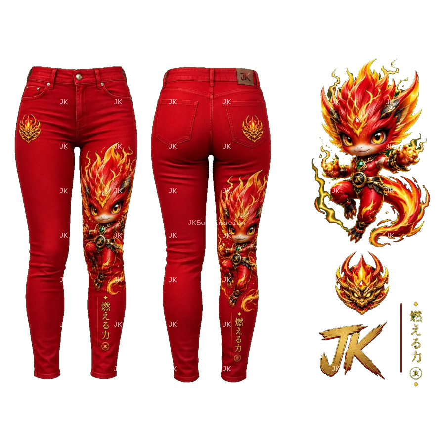 Pantalón JK Espíritu de Fuego Chibi Neon – Diseño Digital 4500x5400 PNG