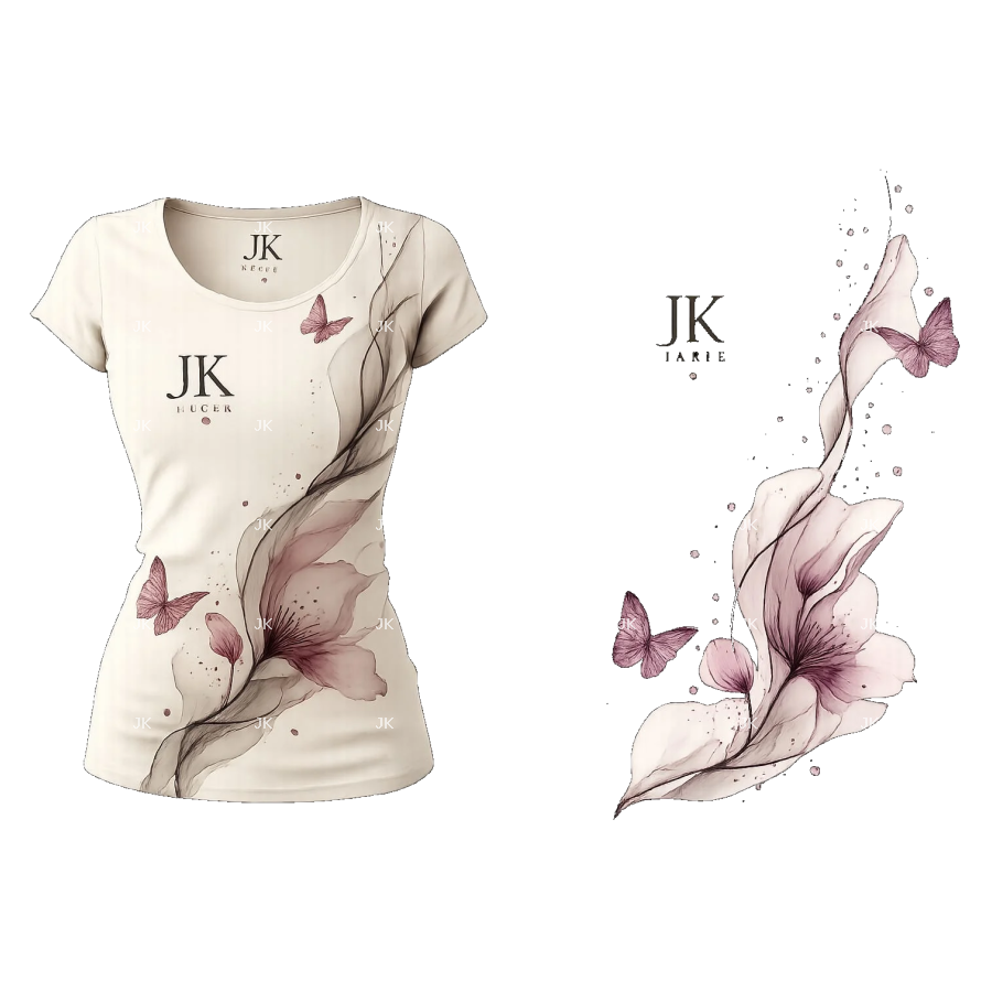 Diseño Digital JK Flor y Mariposas Elegantes para Camisa de Mujer