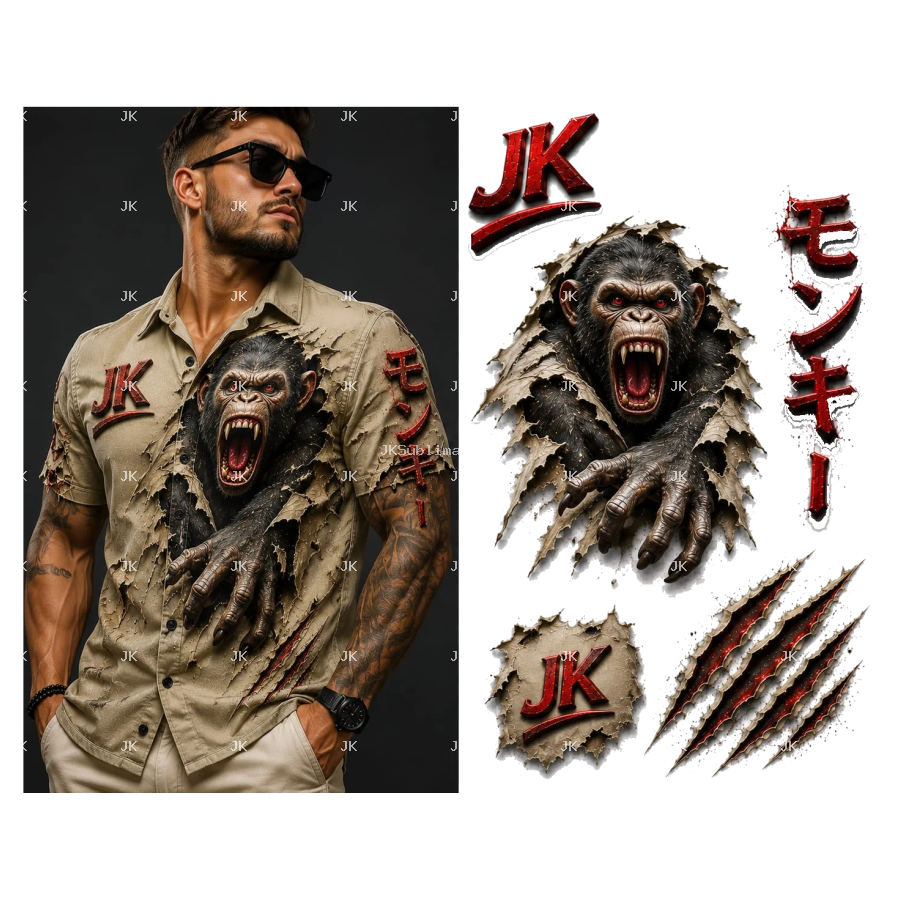 Diseño Digital JK Gorila Salvaje Japonés para Camisa de Hombre
